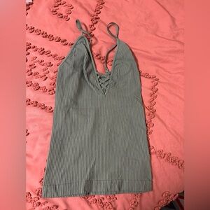 Free People Women's Olive Green Lace-Up Ribbed Top